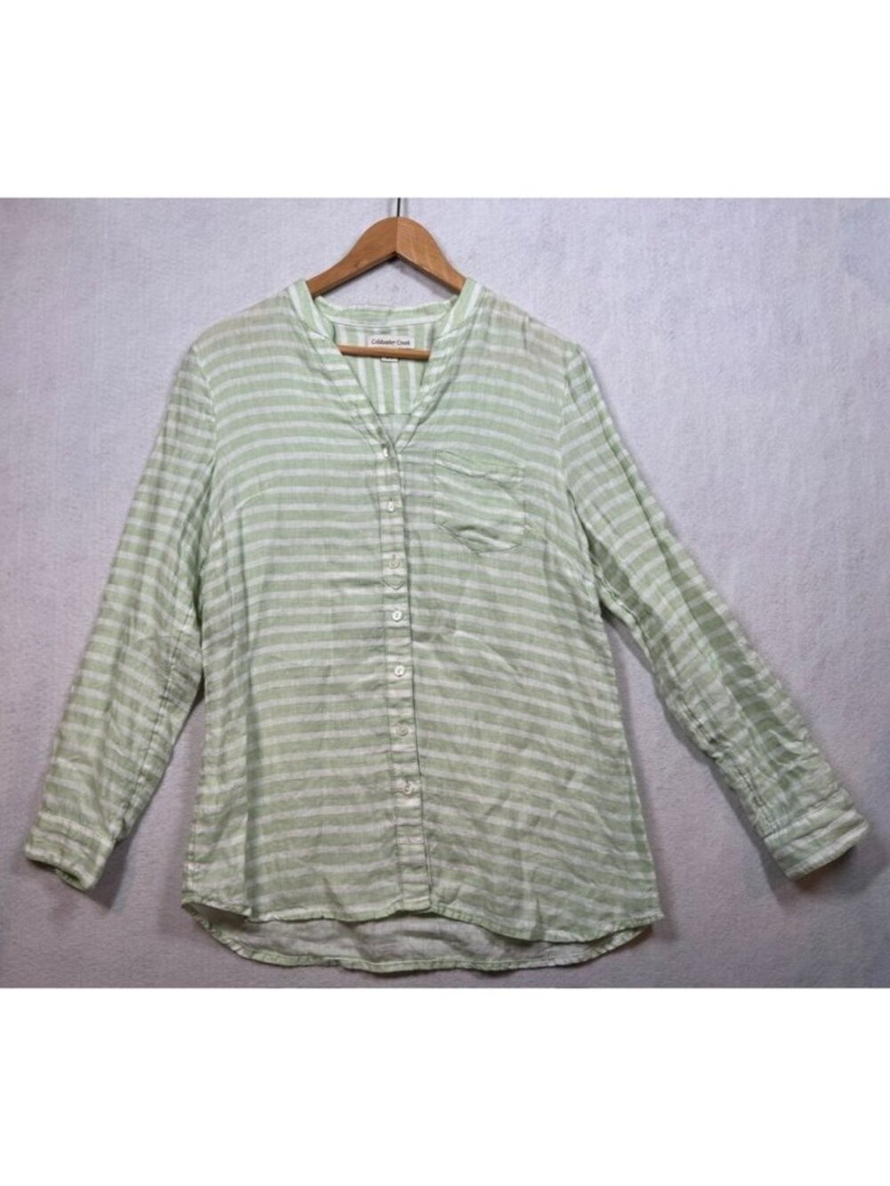 Coldwater Creek 100% Linen Button Front Shirt Green White Stripe Womens Medium M